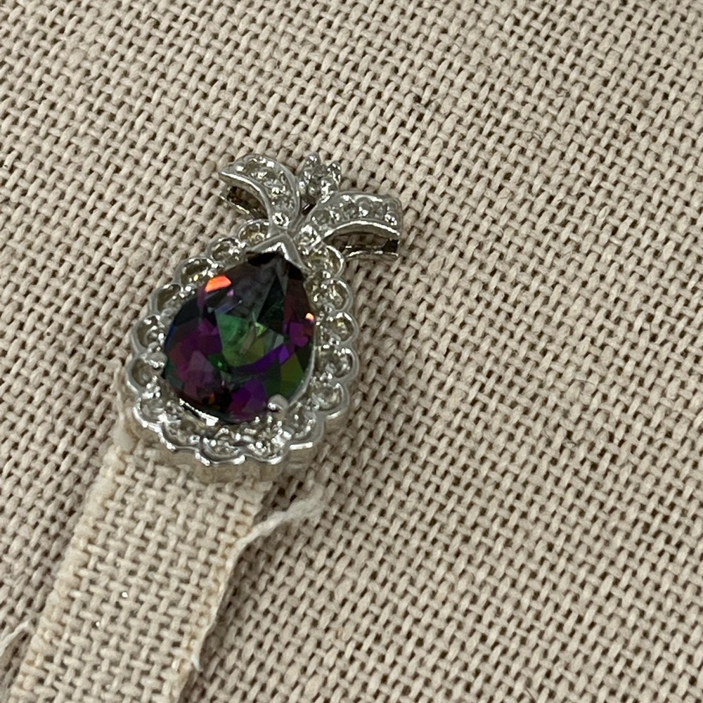 Vintage 10k White Gold Mystic Topaz & Diamond Pendant - 2.5g - Picture 12 of 15